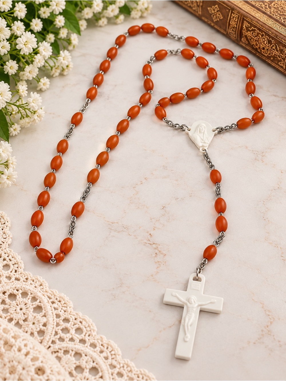 Beaded Catholic Rosary White Crucifix & Virgin Mary Centerpiece